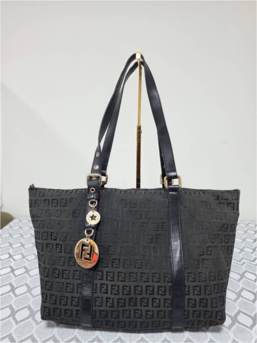 Authentic FENDI Zucchino Print Coated Canvas Shopping Tote Bag Black